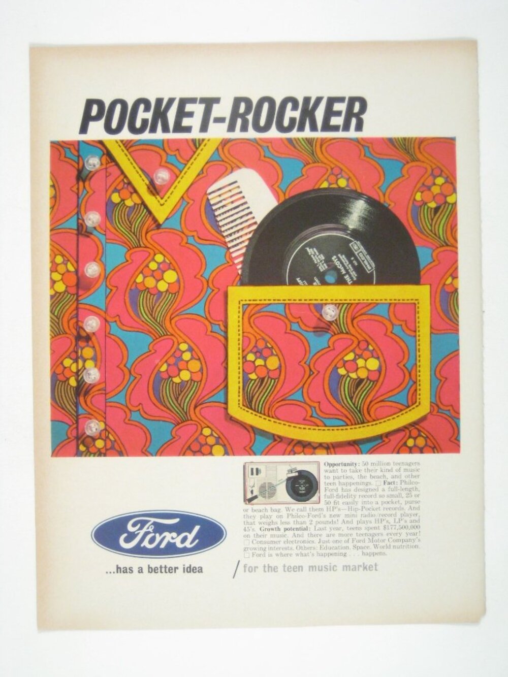 Pocket Rocker Ford Advertisement 1960s Teen Music Market Hippie Boho
